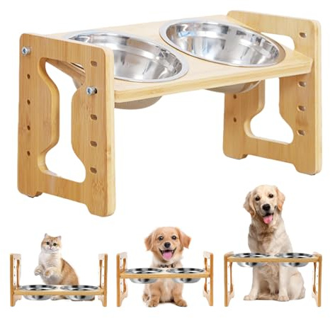 GOEDCH Comedero de madera antideslizante para perros con altura ajustable: 9 alturas ajustables con soporte, Comedero elevado para perros con estructura, Comederos elevados ajustables con 2 cuencos de