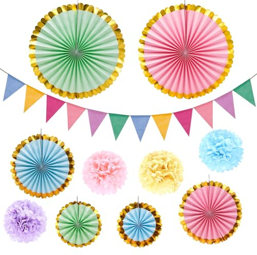 Cisolen Decoración de cumpleaños pastel reutilizable pastel decoración fiesta banderines, bolas de panal, decoración de pompones, abanicos de papel para decoración de cumpleaños de niños, decoración