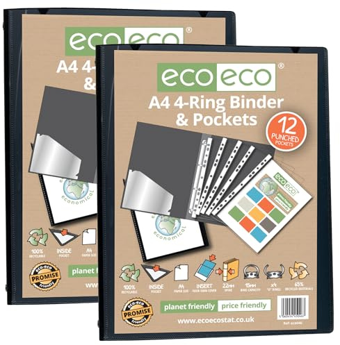 eco-eco A4 65% Recycled Presentation 4 O Ring Binder with 12 Multi Punched Pockets, 22mm Spine, Pack of 2 Black, eco046x2