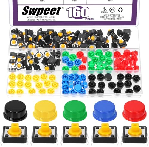 Swpeet 160Pcs 12 x 12 x 7.3mm 4 Pins Micro Momentary Tact Tactile Push Button Switch with 5 Colors Button Caps Assortment Kit, Miniature/Mini/Small Momentary Tact Switch for Adjustment and Control
