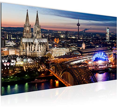 Runa Art Wandbild Köln 1 Teilig 100 x 40 cm Modern Bild auf Vlies Leinwand Stadt Panorama Wohnzimmer Schlafzimmer Blau 601512a
