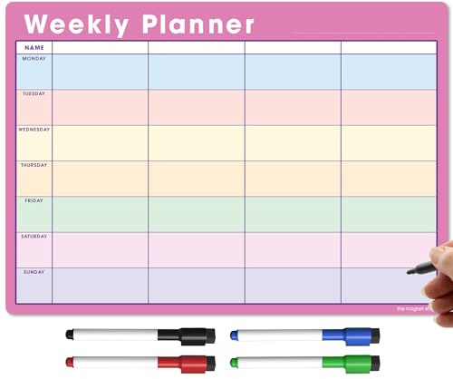 TMS, The Magnet Shop Magnetisk veckoplanerare och organiserare i A4-format, helt anpassningsbar whiteboard för planering av uppgifter och måltider, perfekt för familj och företag, med 4 kostnadsfria