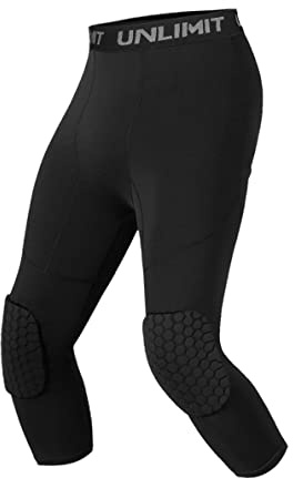 Unlimit for 4-16 yrs, Youth Basketball Pants with Knee Pads, 3/4 Capri Compression Pants for Boys. (Black, XL: for 14-16 yrs)