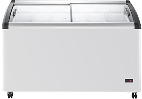 Duura Commercial Mobile Ice Cream Display Chest Freezer Sub Zero Temp Curved Glass Top Frost Free Lid with 6 Wire Baskets, 53.2 Inch Wide 15.2 Cubic Feet, White
