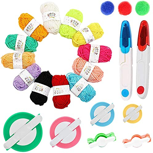 Maridergo 20 Pack Pom Pom Making Tool Set, 6 Different Sizes Pompom Maker with 12 Colours Yarn, DIY Fluff Balls Knitting Craft Making Kit with Sewing Scissors