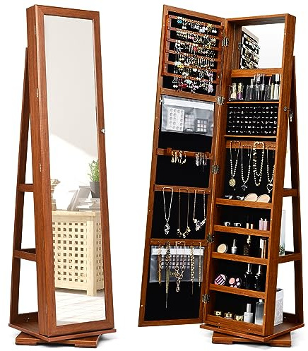 RELAX4LIFE Armadietto Portagioie con Base Girevole a 360°, Specchio da Terra, Specchio a Figura Intera, Organizzatore per Gioielli e Accessori (Marrone, 161x39x39cm)