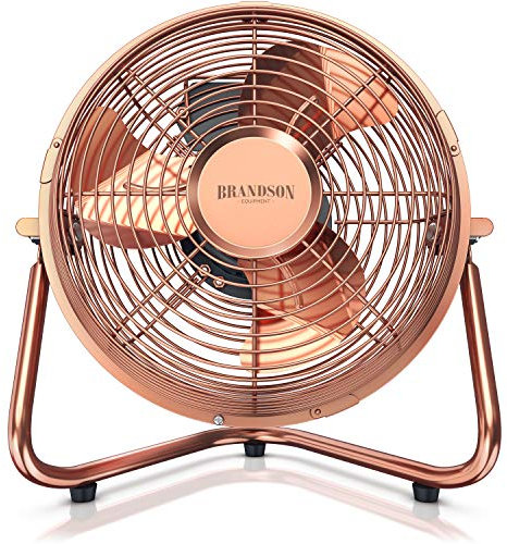 Brandson - Ventilateur de Sol 25 cm, Ventilateur de Bureau 25cm 32W, Ventilateur sur Pied, Desk Table Fan, Silencieux, 3 Vitesses, Haut débit d'air, Inclinaison à 120°, Design rétro cuivre chromé