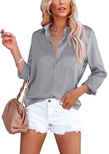Homlan Damblus, elegant, v-ringad, satin, långärmad, lediga toppar, lös skjorta, enfärgad, lös långärmad tröja med bröstficka, GRÅ, S