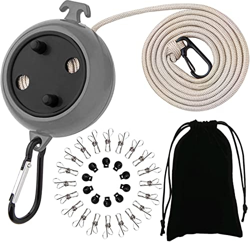 ZONSUSE Stendibiancheria Estensibile,Filo Stendibiancheria per Esterno,10m Filo Retrattile Antigroviglio,10 Fibbie di Fissaggio 20 Clip Antivento,Per Balcone Campeggio Viaggio Accessori (Nero)