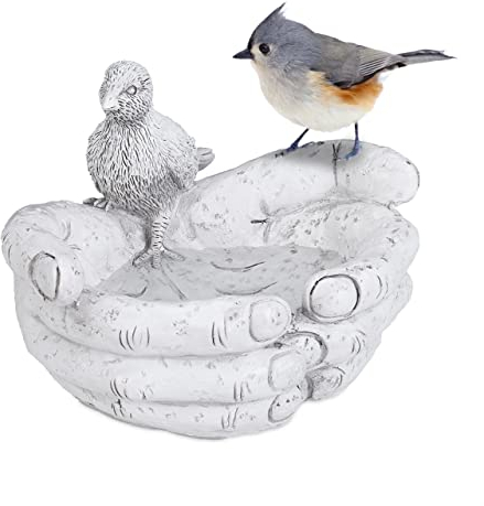 Relaxdays Vogeltränke, helfende Hände, Vogelfutterstelle, Garten, Futterschale für Wildvögel, Deko, Kunstharz, weiß-grau, 1 Stück