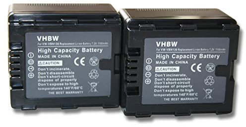 vhbw 2X Batteries Remplacement pour Panasonic VW-VBN130 pour caméra vidéo caméscope (1100mAh, 7,2V, Li-ION) avec Puce d'information
