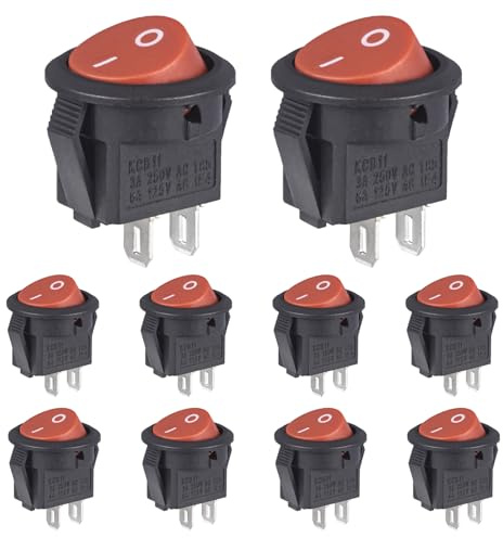 VEXUNGA Mini Växelströmbrytare 2 stift 2 positioner på/av, rund, röd, 3 A, 250 V, AC 6 A, 125 V, 15 mm, liten snäppbar med självlåsande fyrkantig knapp (förpackning med 10)