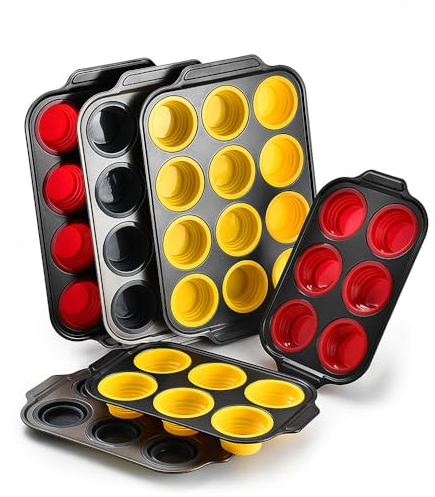 Vicalo Muffinblech, 2 Stück Mini-Silikon-Kohlenstoffstahl-Muffinform, für 12 Muffins, Antihaftbeschichtet Backform, für Papierbecherkuchen, Muffinbackformen Backblech (Rot and Gelb)