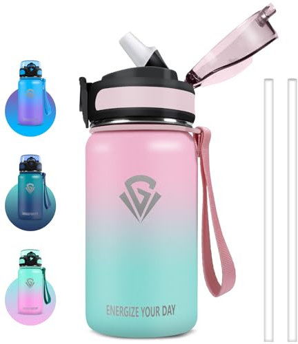 Grsta Stainless Steel Drinking Bottle with Straw, BPA-Free, Leak-Proof Drinking Bottle for Boys and Girls, Easy to Clean, Children's Drinking Bottle, 500 ml, for School, Office, Cafe, Sports