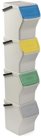 TATAY Mülltrennsystem Easy Waste 20L | 4er Set Recycling Behälter | Modular und Stapelbar | Deckel mit Klicksystem | Integrierter Tragegriff | Aus Recyceltem Material | 35x27x36 cm – Weiß