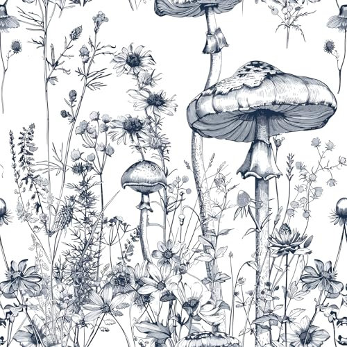 ReWallpaper White Wallpaper Self Adhesive with Pattern Mushroom Vinyl Wrap for Bathroom Cabinet Waterproof Bedroom Wallpaper Black and White Contact Paper for Furniture Wall Matt 44.5cm×3m