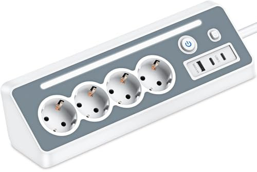 Regleta de 4 enchufes con USB y 2 Type-C, Enchufe de Esquina con luz LED, Enchufe múltiple con Interruptor y Proteccion sobretension, 3680 W 16 A, Cable de 1.5m, Toma de Esquina para Cocina y Oficina