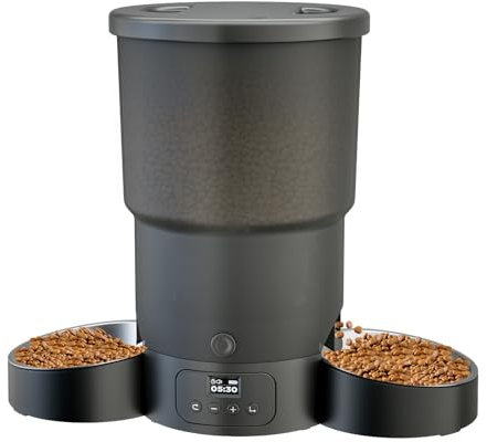 Gimars 5L Distributore Automatico Cibo Gatti 2 Ciotole in Acciaio Inossidabile, Distribuzione Uniforme, Dispenser Crocchette Gatti e Cani Programmabile da 1-6 Pasti al Giorno, Registrazione Vocale 10s