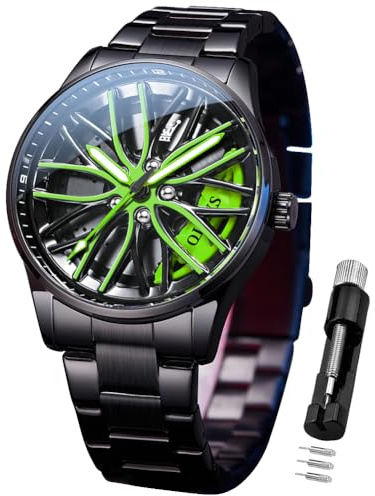 OLEVS Herrenuhren Drehende Auto-Rad Quarzuhren Modischer Sport Edelstahl Herrenarmbanduhr Leuchtend Wasserdicht für Männer