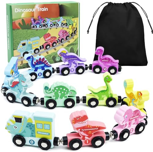 Train en Bois Dinosaure, Jouet en Train pour Enfants, Jouet Montessori 2 Ans, Jeux Educatif Montessori pour Garçons Filles, Cadeaux pour 1 2 3 4 5 Ans Filles Garçons
