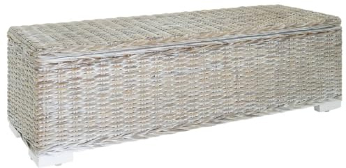 Qnhdfrt Rattan Truhe Weiß 110 cm mit Stauraum aus Kubu Rattan und Mahagoni Massivholz Sitzbank für Flur Schlafzimmer und Esszimmer