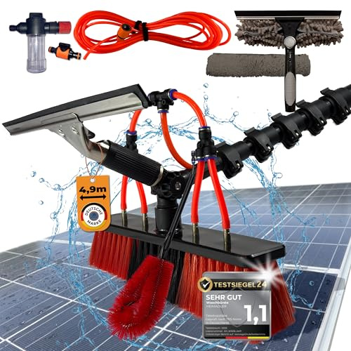 Spazzola di lavaggio telescopica 4,9 m con attacco dell'acqua e 4 ugelli forti, ideale per impianti PV, veranda d'inverno e terrazzo, pulizia finestre, lavavetri, con dispenser di sapone e estrattore