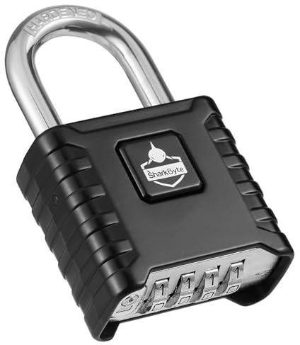 SharkByte Heavy Duty Combination Padlock [Weatherproof] 52mm 4-Digit Outdoor Lock with 8mm Stainless Steel Shackle, Anti-Rust & Resettable Code Padlock for Gate, Shed, Garage, Gym, Warehouse - Black
