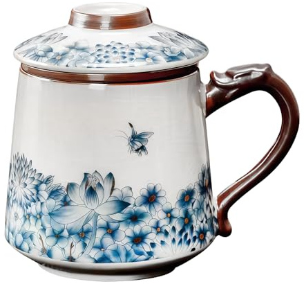 Jaamyears Tekopp med infusions- och lock tekoppar med infusionslösa blad, trähandtag tekopp keramisk 400 ml kaffemugg med lock