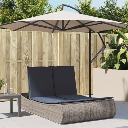 mtlskopl Gray Double Outdoor Sun Lounger 78.7x43.3 PE Rattan Chaise with Navy Cushions Adjustable Backrest Roof Curtains for Patio Poolside Garden Backyard