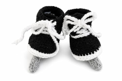 Handmade Crochet Hockey Skate Booties, Black & White Soft Acrylic Yarn, Infant 0-9 Months, Photo Prop Gift (US Footwear Size System, Infant, Age Range, Medium, 0 Months, 3 Months)