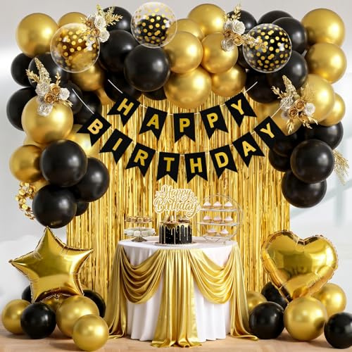 Decorazioni Compleanno Oro Nero, Palloncini Compleanno Oro Neri, Happy Birthday Decorazioni Uomo Donna, Addobbi Compleanni con Palloncini Dorati Neri Striscione Happy Birthday Tende per Uomo Ragazzo