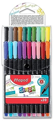 Rotuladores Finos Maped Graph'Peps, Set de 20 Colores Surtidos, Punta Metálica de 0.4mm, Tinta Suave y Duradera, Diseño Ergonómico, Ideales para Escritura Bocetos Dibujo Notas y Bullet Journal