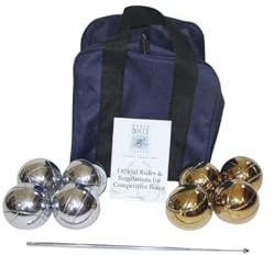 BuyBocceBalls Listing - Unique 73mm Petanque/Bocce Pack - with Mix of 8 Gold/Silver Balls, Blue Nylon case, Rule Book and extendable Measuring Device