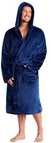 CityComfort Mens Dressing Gown Super Soft Mens Fleece Robe with Hood Gowns Bathrobe Warm and Cozy (L, Navy)