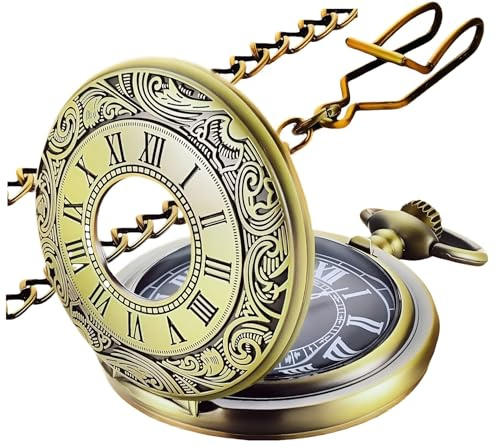 MJSCPHBJK Vintage Pocket Watch with Chain Roman Numerals Scale Quartz Pocket Watches for Men Xmas Fathers Day Gift