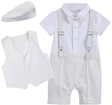 Enfant Bébé Garçon Barboteuse de Gentilhomme Cravate Costume Gilet avec Chapeau Manteau de Manche courte de Baptême Noël Mariage Ensemble de Vêtements Costume de Smoking de Formel Blanc 18-24 Mois
