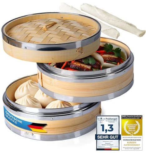 Dimono® Dampfgarer Aus Bambus Mit Edelstahl, 2 Etagen Bambus-Dämpfer Mit Deckel, Dämpfaufsatz Und Dampfkorb für Sim Sum Dumplings, Gemüse, Reis, Fleisch Und Fisch (Ø 20 cm)