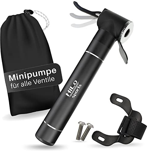 HiLo Sports Mini pompa ad aria in alluminio per bicicletta – [per tutte le valvole] – Pompa per bicicletta piccola – extra piccola per bicicletta con supporto e viti
