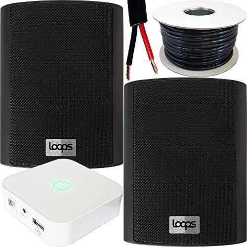 Loops 80W Speaker System - Compact WiFi Stereo Mini Amplifier - 2x 70W 4 Black Outdoor Rated Wall Mounted Speaker Kit - App Controlled Wireless Music Streaming Amp