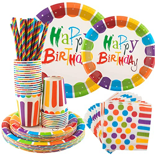 INUAN 125 Pcs Rainbow Party Tableware Set - Plates, Cups, Napkins, Straws - Rainbow Birthday Party Supplies for 25 Guests