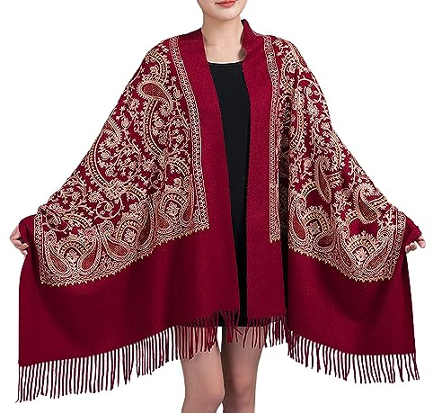 GFM® Broderad kashmirtextur ull pashminasjal - höst-vinter -julklapp (EMBSHL-B), 4-ghll-mörkröd, L