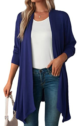 WINKEEY Chaqueta de Punto de Manga Larga para Mujer - Color Sólido con Estilo, Ligera y Transparente para Primavera Otoño (Azul Marino, M)
