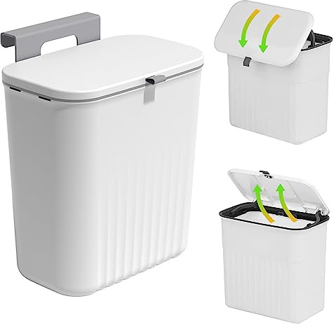 Wuzdy Papperskorg, soptunna, 12 l sopkorg för kök, hängande soptunna, sophink med lock, köksavfallskorg, utan borrning eller hängande på skåpdörr, för sovrum, skåp, kök, badrum (29 x 16 x 26 cm, vit)