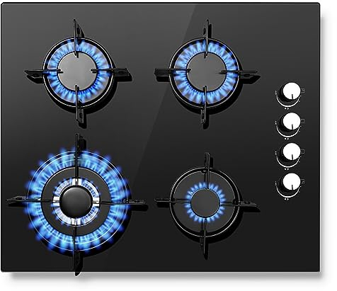 SNDOAS Gas Hob 4 Burners, NG/LPG Convertible, Built-in Black Glass Gas Hob with Wok Burner, Flame Failure Protection, 8000W