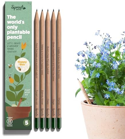 Sprout World Wood-Cased Pencils | Happy Bee Edition | #2 HB Pre-Sharpened Graphite Plantable Wooden Pencils with Bee-friendly Flower, Herb & Vegetable Seed | Gift Engraved with Quotes | 5 Pack