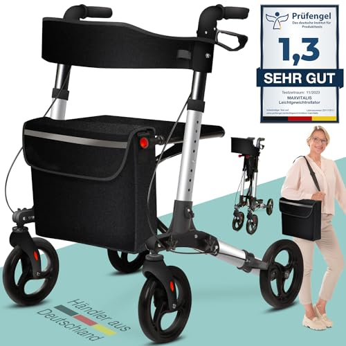 ELONEO Déambulateur 4 Roues Pliable Léger avec Siège - 8 Hauteurs Réglables, Cadre en Aluminium, Aide Mobilité Pliante 3 Directions avec Sac et Porte-Parapluie, Convient aux Voitures (Argent)