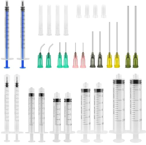 TRUEIN 24 stycken 1 ml 3 ml 5 ml 10 ml 20 ml trubbiga spetssprutor, sprutset med trubbiga nålar, 14Ga 15Ga 16Ga 18Ga 20Ga trubbig nål och lock, plastspruta