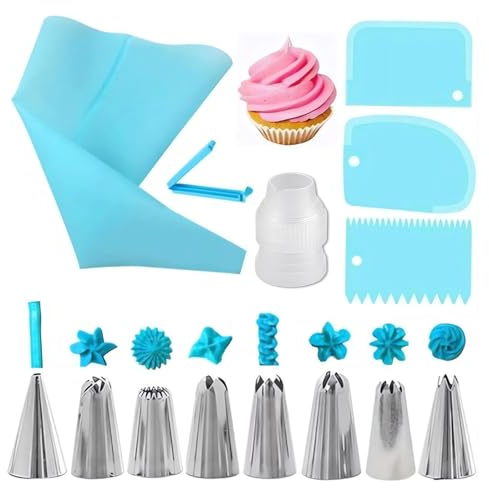 LAKJUOZ Douille Patisserie, Poche A Douille Reutilisable Et Kit De Douille Patisserie, Poche À Douille Patisserie En Silicone Et Set De 14 Pour Décoration De Gâteau, Bleu