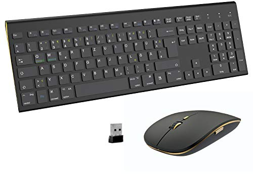Tastatur Maus Set Kabellos, Ergonomische Funk QWERTZ Deutsch Layout Quiet USB Wireless Flache Leise Silent Slim Geräuschlose für PC Mac Surface MacBook Computer Office iMac Büro Laptop - Schwarz Gold