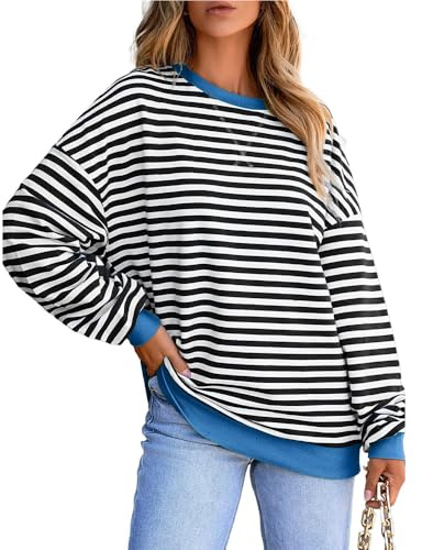 Muwodkdn Sweatshirt dam bomull randig rund hal lös långärmad skjorta färgblock lös tröja Y2K tröja överdimensionerad, Svart och vit, M